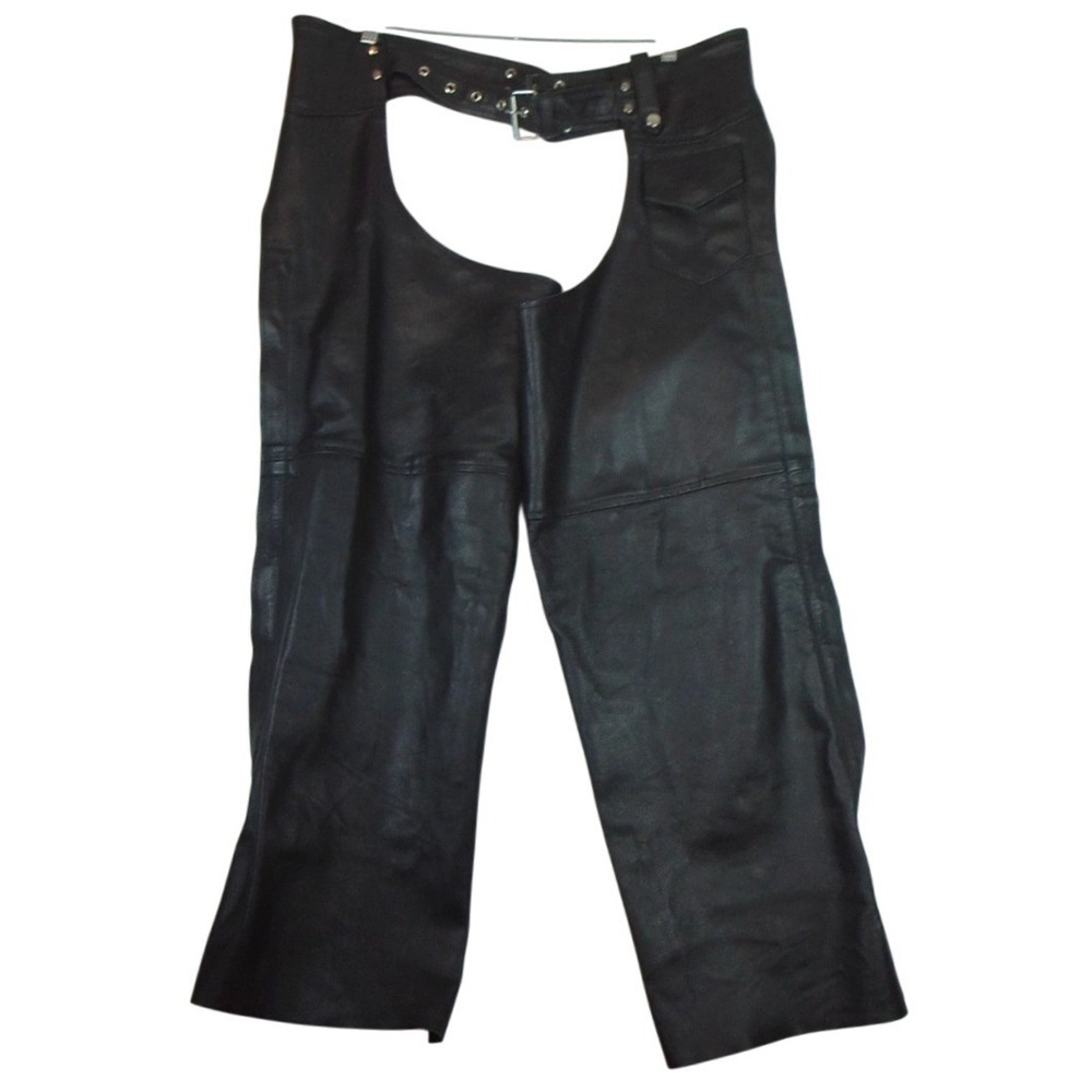 Zony Inc Black Leather Motorcycle Chaps Biker Riding Pants Mens XL Belted Zip